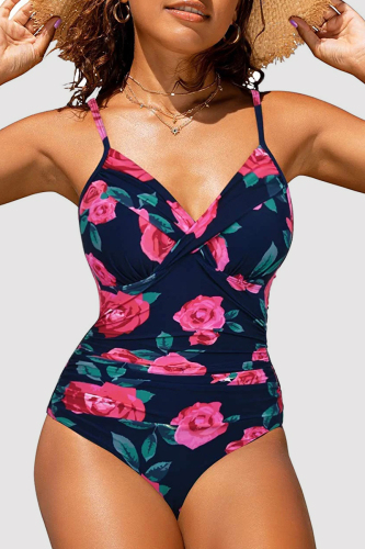 Tibetan Blue Sexy Print Backless Fold Swimwears (With Paddings)