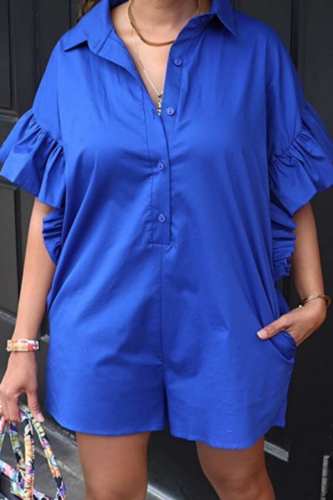 Blue Casual Solid Patchwork Turndown Collar Regular Romper