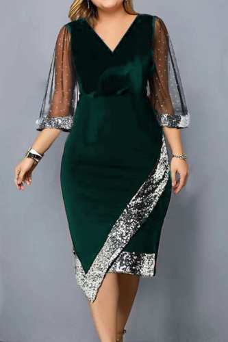 Ink Green Casual Patchwork Sequins V Neck Irregular Dress Dresses