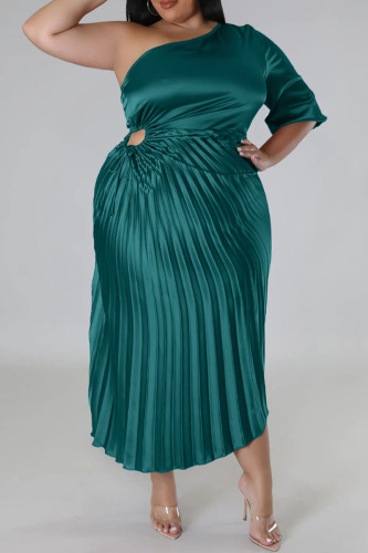Green Elegant Solid Patchwork Draw String Fold Oblique Collar One Step Skirt Plus Size Dresses