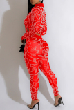Red Sexy Patchwork Hot Drilling See-through Turndown Collar Long Sleeve Two Pieces