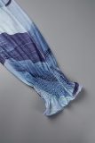 Blue Casual Print Patchwork Turndown Collar Long Dress Dresses