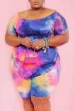 Yellow Pink Casual Print Tie Dye Basic O Neck Plus Size Two Pieces