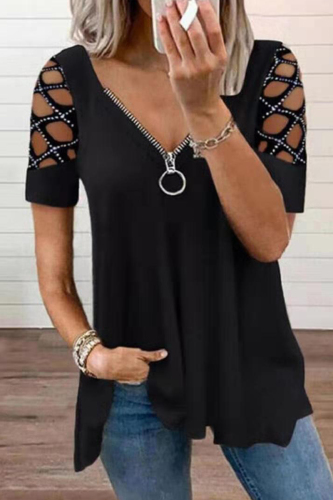 Black Casual Solid Hollowed Out Patchwork Hot Drill V Neck T-Shirts