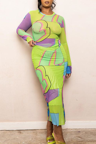 Green Purple Street Print Patchwork Mesh O Neck Long Sleeve Two Pieces