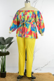 Yellow Casual Print Patchwork Off the Shoulder Three Quarter Two Pieces