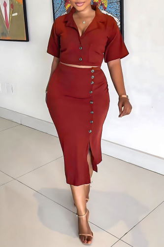 Red Elegant Solid Pocket Buttons Slit Turndown Collar Short Sleeve Two Pieces