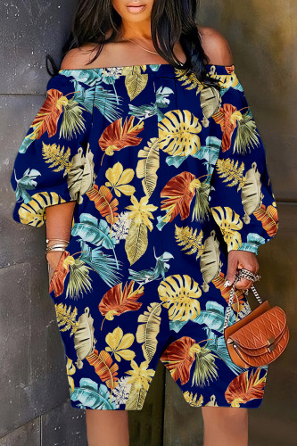 Dark Blue Casual Print Patchwork Off the Shoulder Regular Romper
