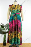 Colour Plus Size Gradual Change Leopard Flounce Printing Mandarin Collar Printed Dress