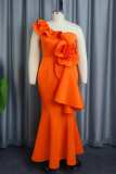 Orange Sexy Formal Solid Patchwork Backless Oblique Collar Evening Dress Dresses