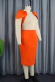 Orange Sexy Casual Patchwork See-through Beading Contrast O Neck One Step Skirt Dresses