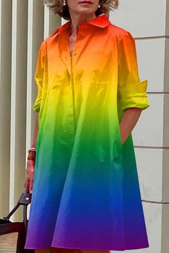 Orange Yellow Casual Print Patchwork Turndown Collar Shirt Dress Dresses