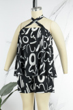 Black Casual Daily Mixed Printing Color Block Hollowed Out Printing Contrast Halter Sleeveless Two Pieces