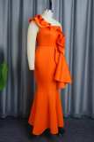 Orange Sexy Formal Solid Patchwork Backless Oblique Collar Evening Dress Dresses