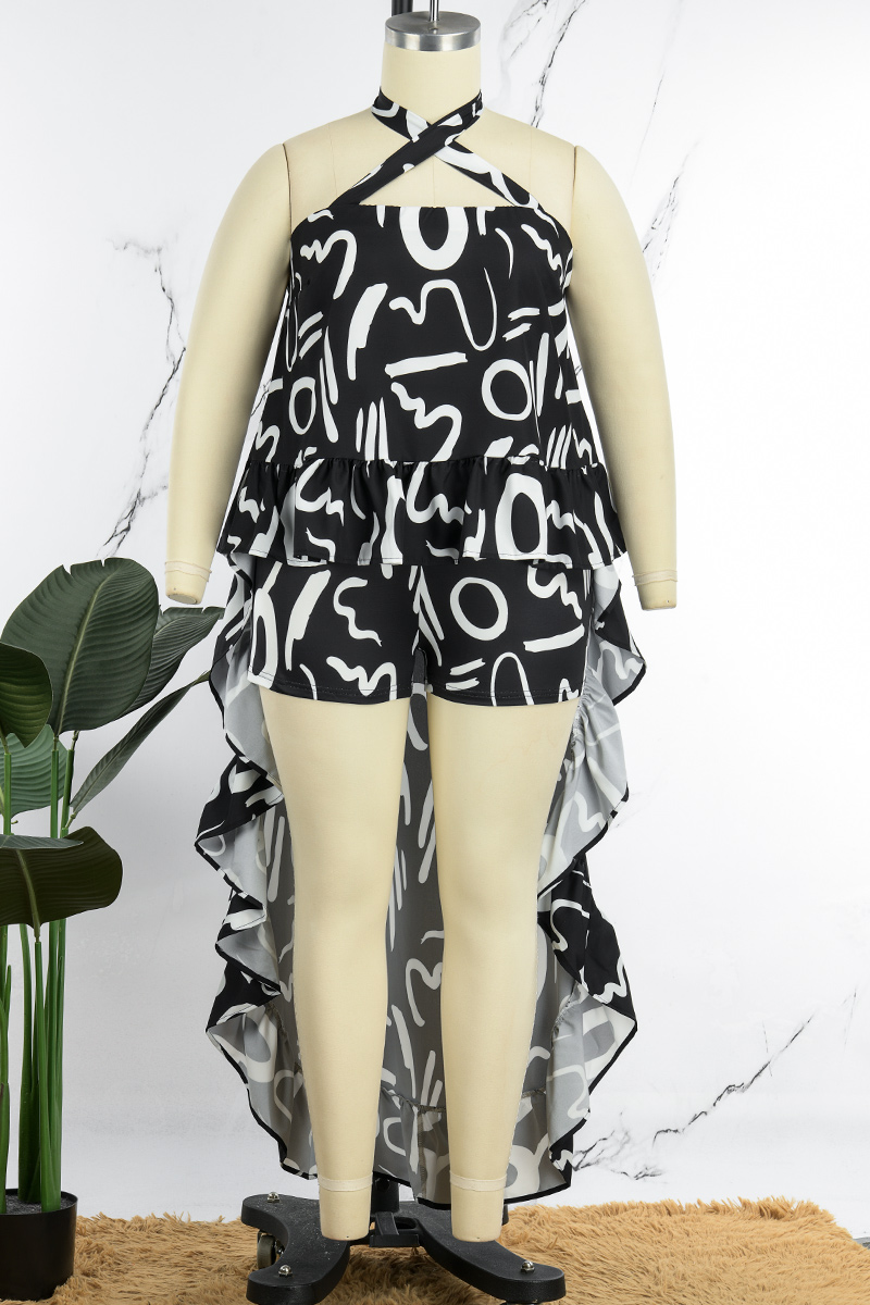 Casual Geometric Print Without Belt Halter Sleeveless Two Pieces(No Belt) main image 1