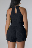 Black Casual Solid Patchwork Fold O Neck Sleeveless Two Pieces