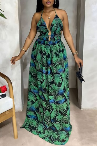 Multicolor Sexy Casual Print Bandage Backless Spaghetti Strap Long Dress Dresses