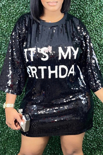 Black Casual Letter Print Sequins Patchwork O Neck One Step Skirt Dresses (Subject To The Actual Object )