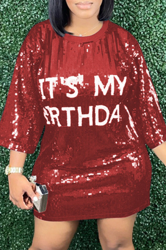 Red Casual Letter Print Sequins Patchwork O Neck One Step Skirt Dresses (Subject To The Actual Object )