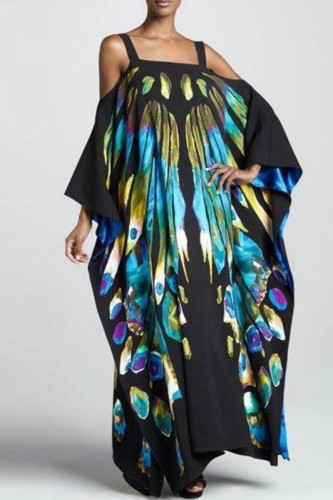 Black Casual Print Asymmetrical Square Collar Long Dress Dresses Black Casual Print Asymmetrical Square Collar Long Dress Dresses