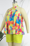 Yellow Casual Daily Mixed Printing Color Block Hollowed Out Printing Contrast Halter Sleeveless Two Pieces