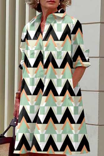 Green Casual Print Patchwork Turndown Collar Shirt Dress Dresses