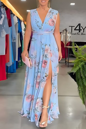 Sky Blue Casual Print Patchwork Slit V Neck Long Dress Dresses