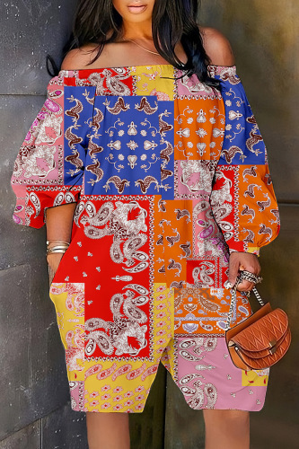 Orange Casual Print Patchwork Off the Shoulder Regular Romper