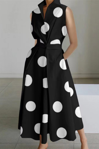 Black White Casual Print Patchwork Buttons Fold Mandarin Collar A Line Dresses