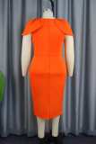 Orange Sexy Casual Patchwork See-through Beading Contrast O Neck One Step Skirt Dresses