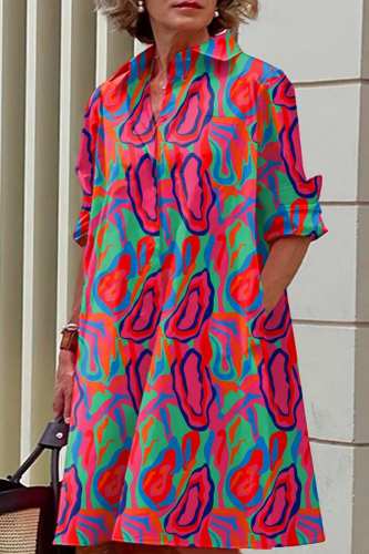 Rose Red Casual Print Patchwork Turndown Collar Shirt Dress Dresses