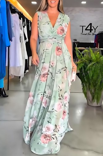 Light Green Casual Print Patchwork Slit V Neck Long Dress Dresses