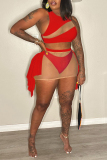 Red Sleeveless See Through Crop Top and Mini Skirts Vacation Beach Three Piece Set