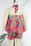 Colour Casual Daily Mixed Printing Color Block Hollowed Out Printing Contrast Halter Sleeveless Two Pieces