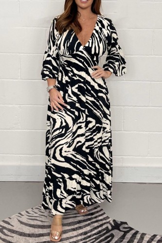 Black Casual Print Patchwork V Neck Long Dress Dresses