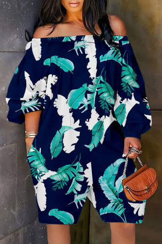 Tibetan Blue Casual Print Patchwork Off the Shoulder Regular Romper