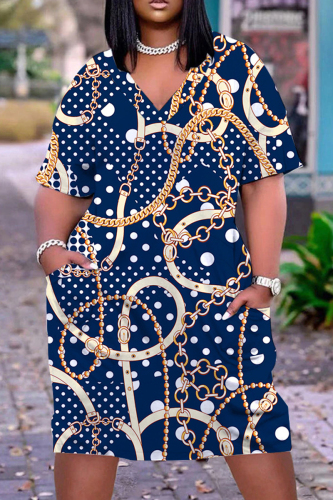 Tibetan Blue Casual Print Patchwork V Neck Short Sleeve Dress