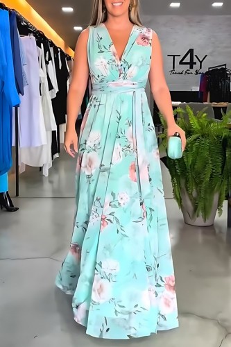 Light Blue Casual Print Patchwork Slit V Neck Long Dress Dresses