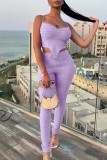 Purple Sexy Casual Solid Backless Asymmetrical Spaghetti Strap Sleeveless Two Pieces