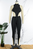 Black Casual Solid Asymmetrical Turtleneck Sleeveless Two Pieces