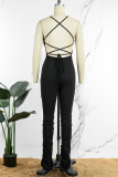 Black Sexy Casual Solid Bandage Backless Slit Spaghetti Strap Skinny Jumpsuits