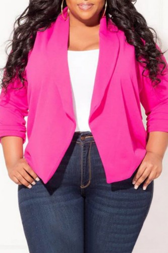 Rose Red Casual Solid Cardigan Turn-back Collar Plus Size Overcoat