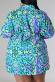 Blue Casual Print Cardigan V Neck Plus Size Two Pieces