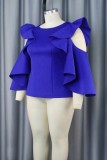 Blue Casual Solid Hollowed Out Patchwork Flounce O Neck Tops