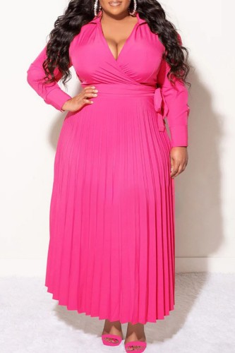 Rose Red Casual Solid Frenulum V Neck Pleated Plus Size Dresses