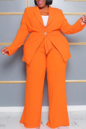 Orange Casual Solid Cardigan Pants Turn-back Collar Plus Size Two Pieces