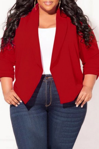 Burgundy Casual Solid Cardigan Turn-back Collar Plus Size Overcoat