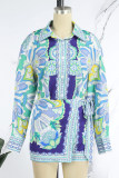 Navy Blue Casual Print Patchwork Shirt Collar Long Sleeve Two Pieces