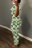 Green Casual Print Basic O Neck Long Dress Dresses