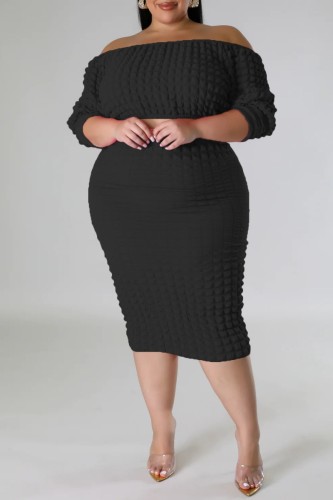 Black Casual Solid Basic Off the Shoulder Plus Size Two Pieces